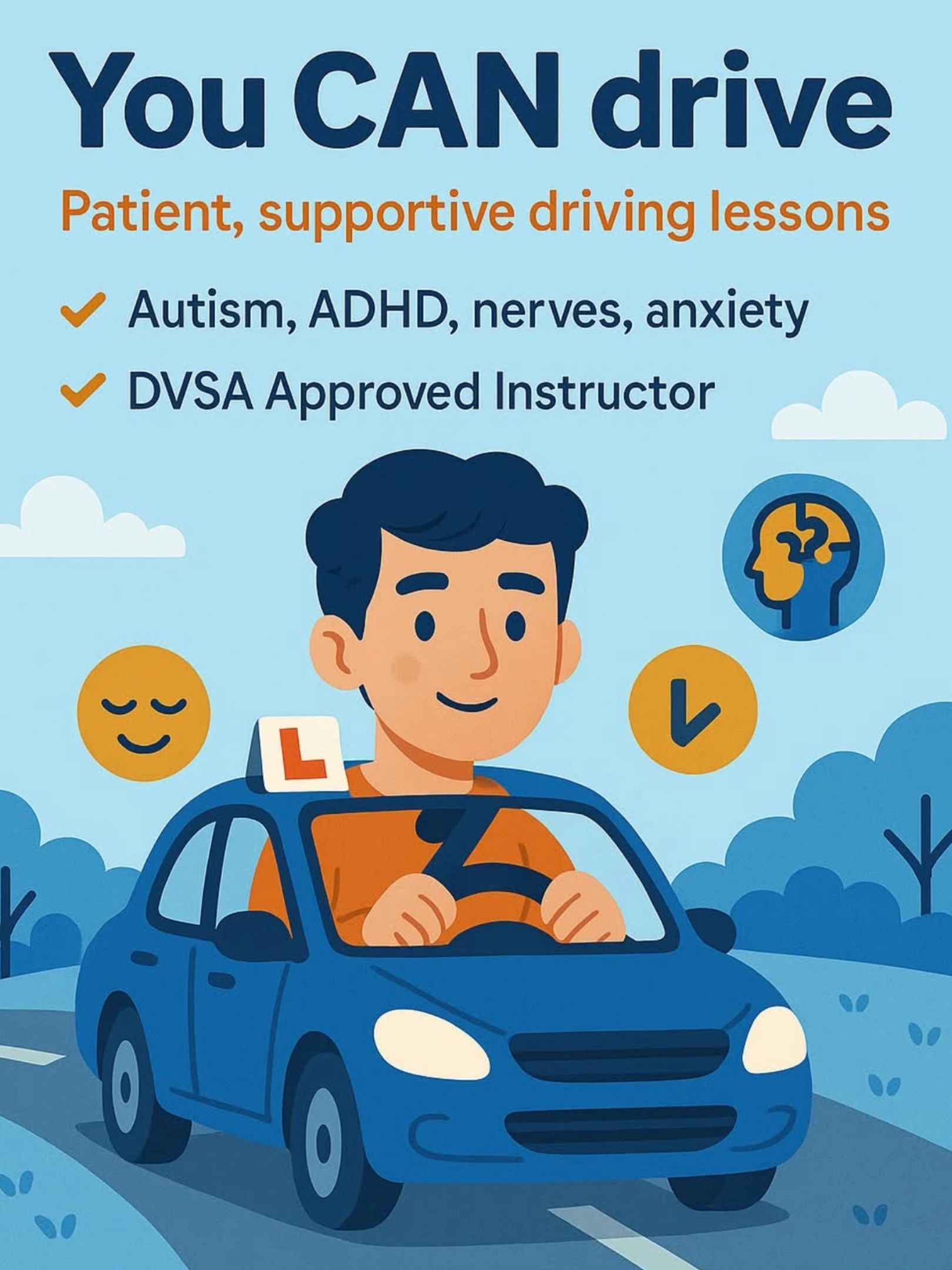 Illustration of patient driving lessons for autism and ADHD learners.