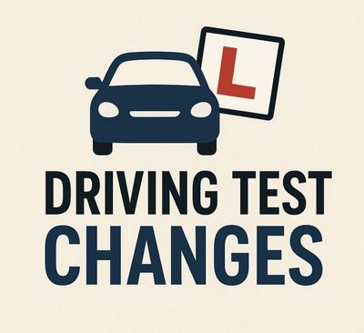 Graphic showing a car with an L plate and text about driving test changes.