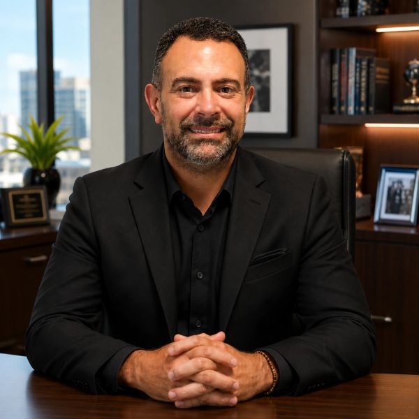 Man in black suit sitting at a desk, smiling.