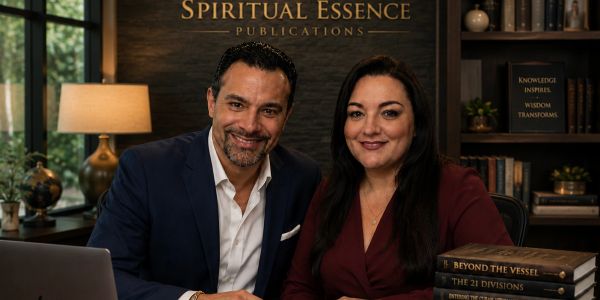 Two smiling professionals sitting at a desk in an office.