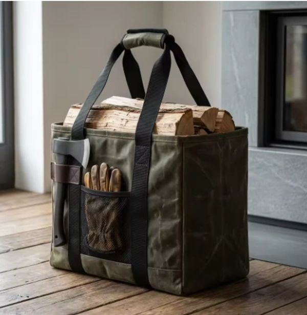 Woodsman log bag filled with firewood, featuring strong carry straps, side pockets and a durable wax