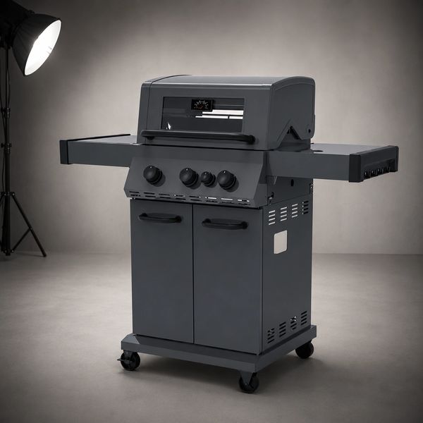 Orion Core gas BBQ in matte black, featuring 3 burners, side burner, cast iron cooking grills and a
