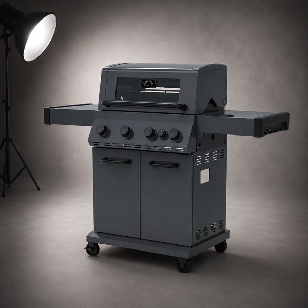 Orion plus gas BBQ in matte black, featuring 4 burners, side burner, cast iron cooking grills and a