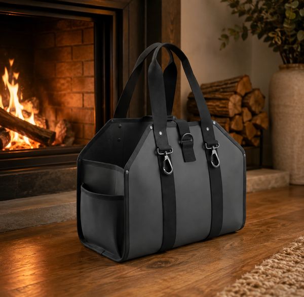 Woodsman log bag filled with firewood beside an indoor fireplace, featuring strong carry straps, sid
