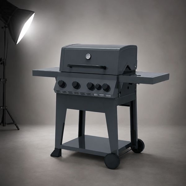 Orion Halo gas BBQ in matte black, featuring 4 burners, side burner, cast iron cooking grills and a