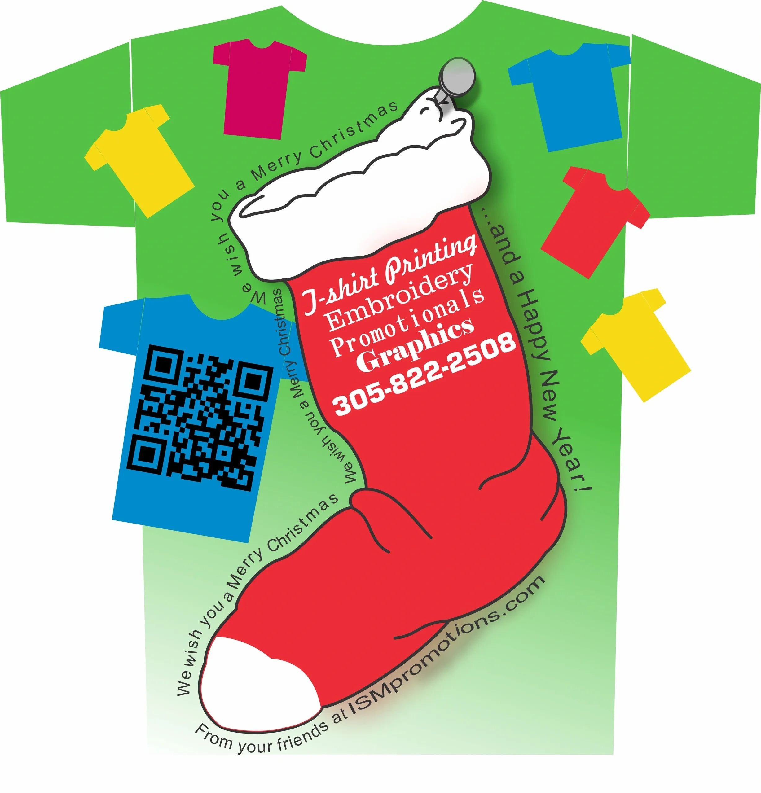 A Christmas Stocking filled with t-shirts of all colors, wishing you a Merry Christmas