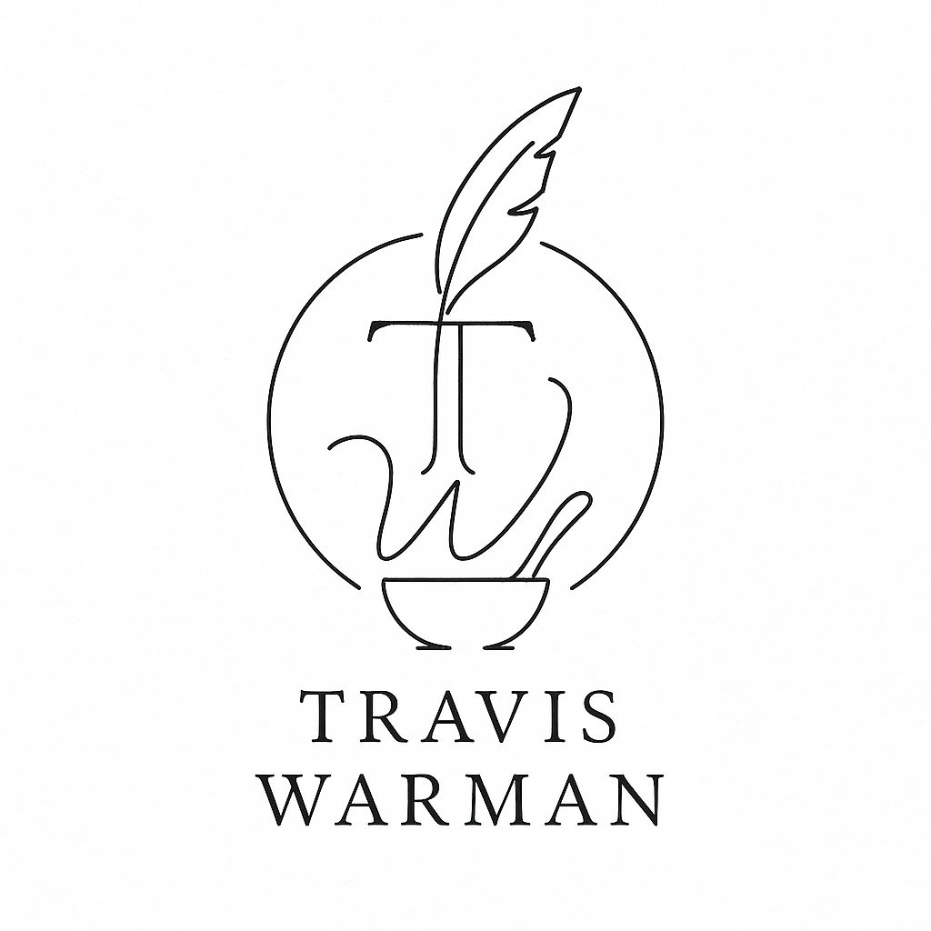 Minimalist logo with a quill and bowl for Travis Warman.