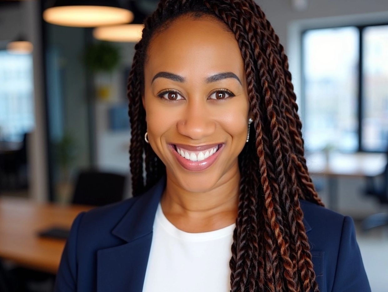 Smiling woman with braided hair in an office.