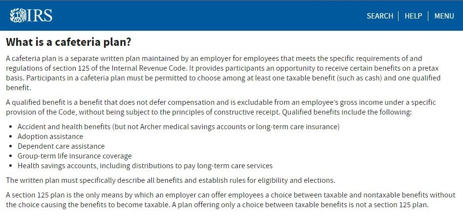 CLICK HERE: IRS Cafeteria Plans CLICK HERE: IRS Cafeteria Plans