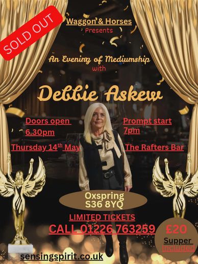 Flyer for a sold-out mediumship event with Debbie Askev at The Rafters Bar.