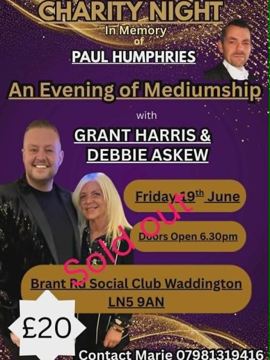 Charity night event featuring mediumship with Grant Harris and Debbie Askew, in memory of Paul Humphries.