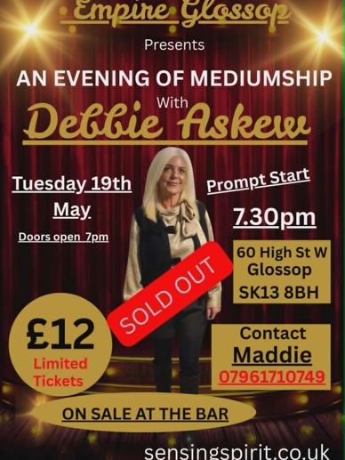 Poster for a sold-out mediumship evening with Debbie Askew in Glossop.