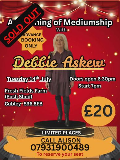 Promotional poster for a sold-out mediumship event with Debbie Askew.