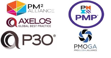 Logos of PM² Alliance, AXELOS, P30, PMP, and PMOGA organizations.