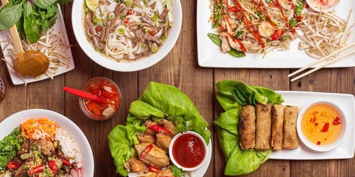 Vietnamese spring roll, Specialty chicken wings, variety of Pho noodle, Vermicelli and Rice dishes