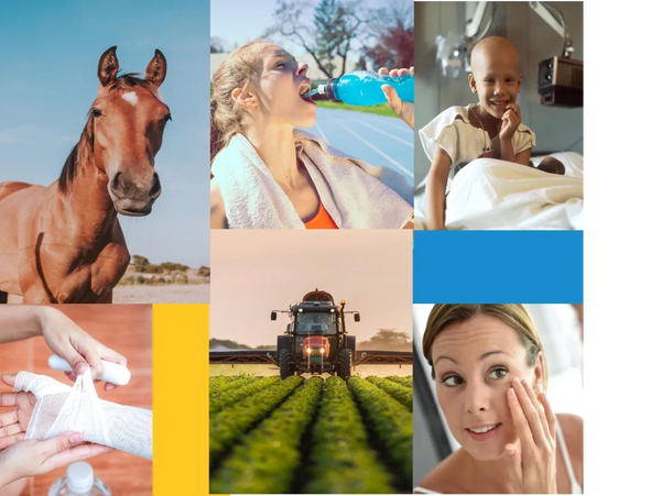 Horse, girl drinking, child in hospital bed smiling, gauze wrapped hand, tractor in field, woman.
