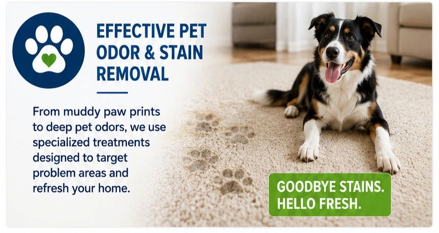 A dog on a carpet that has been cleaned to remove pet odor and is now very fresh