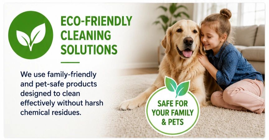 a dog and a young girl sitting on carpet that's been cleaned with eco-friendly products