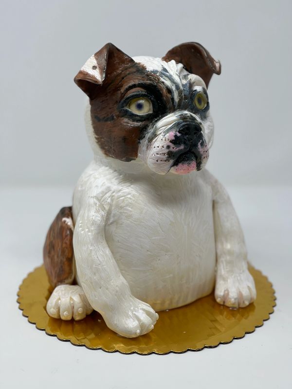 Brown and white bulldog cake.