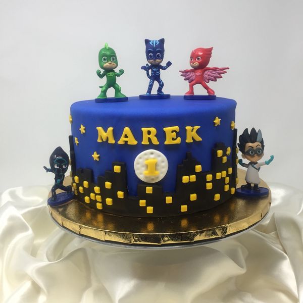 PJ Masks Birthday Cake - blue cake with black cityscape - characters on top and sides