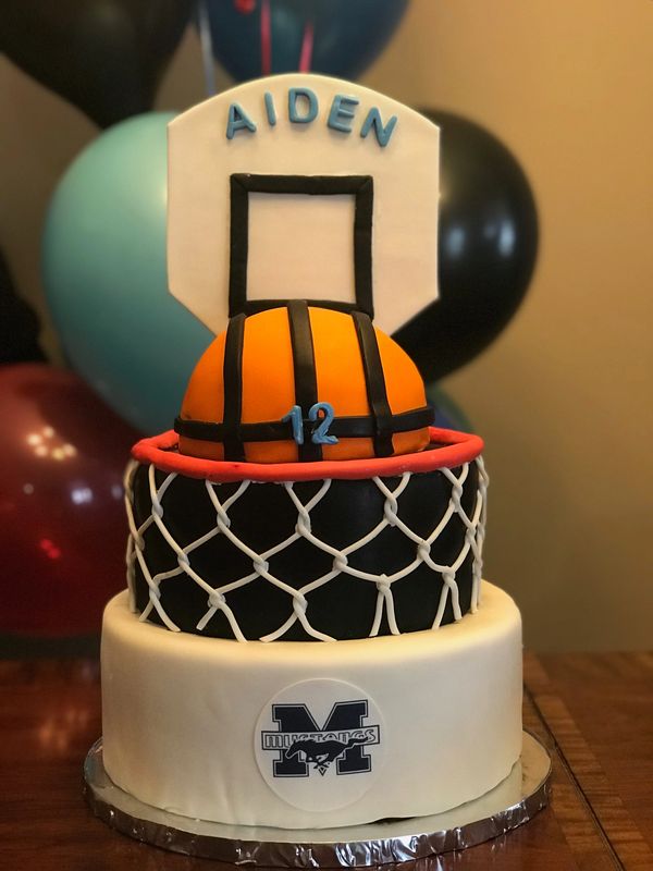 3 tier cake with basketball, backboard and net 