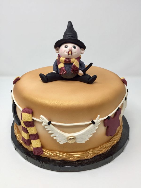 One tier Harry Potter cake with fondant decorations. It has a baby wizard on top and wizard clothing