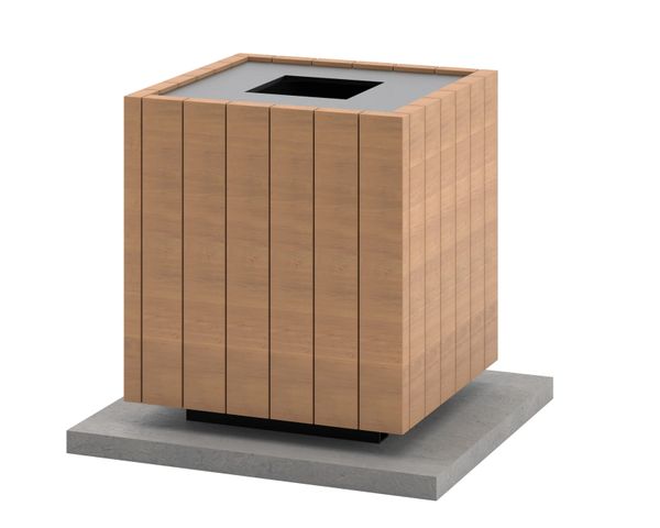 A wooden outdoor trash bin with a concrete base.