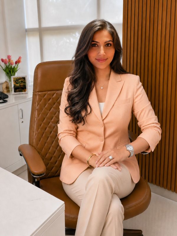 Professional woman in a peach blazer sitting confidently in an office chair.