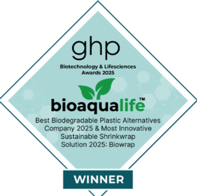 Award plaque for BioAqualife as the 2025 winner in biodegradable plastic alternatives.