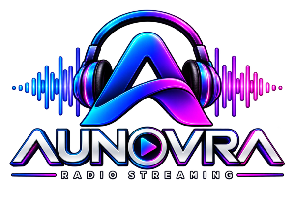 Aunovra radio streaming logo with neon colors.