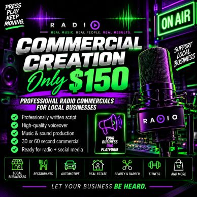 Radio commercial creation service offering professional scripts and voiceovers for $150.