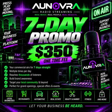 Aunovra 7-day radio promo for $350 one-time fee.