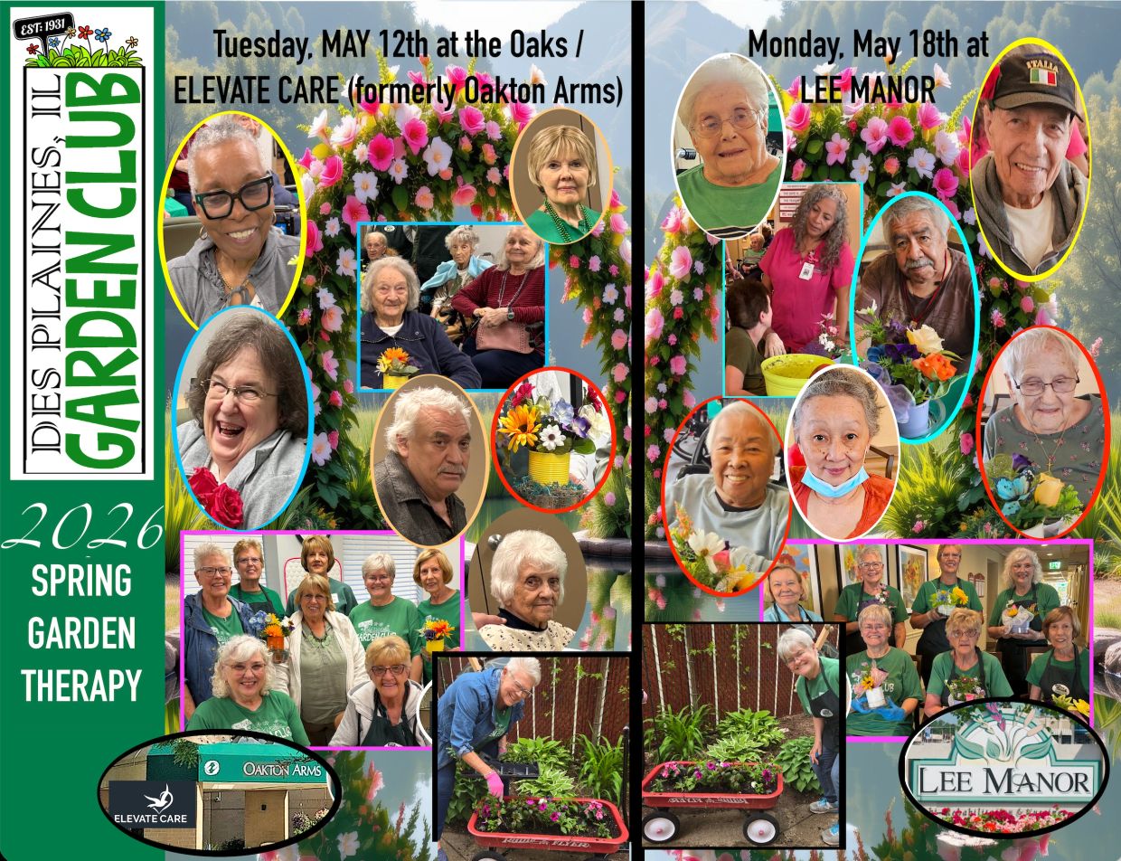 Collage of seniors enjoying spring garden therapy at Oaks/Elevate Care and Lee Manor in May 2026.