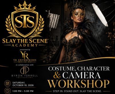 Workshop advertisement with a masked woman in black lace costume.