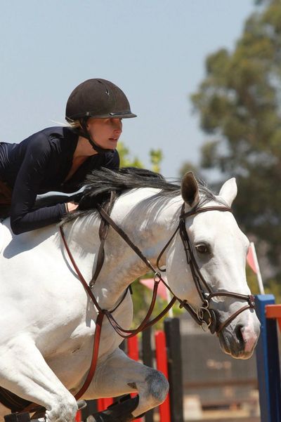 Equestrian rider concentrating during a horse jump.