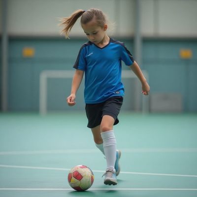 Young girl playing futsal, focused on the ball.