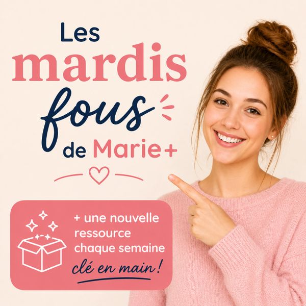 Young woman promoting 'Les mardis fous de Marie+' with weekly new resources.