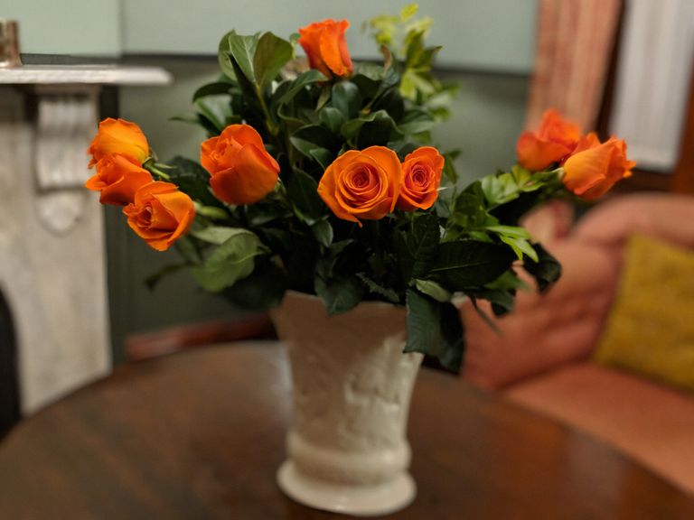A vase of roses in the drawing room at Brickfield Hill