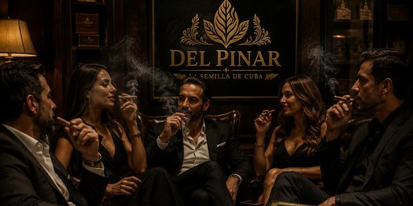 Five stylish people enjoy cigars in a classy lounge with warm lighting.