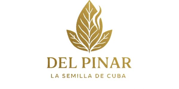 Elegant gold logo of Del Pinar with leaf design and Cuban heritage tagline.