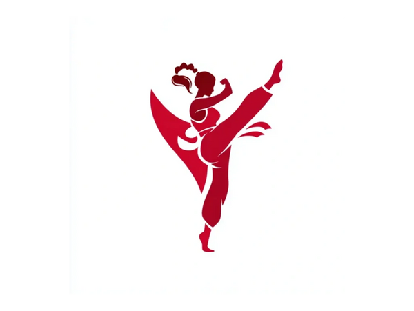 Silhouette of a martial artist performing a high kick in red.
