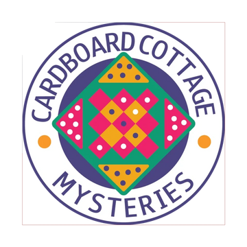 cardboard cottage mystery round logo with colorful checkerboard center 