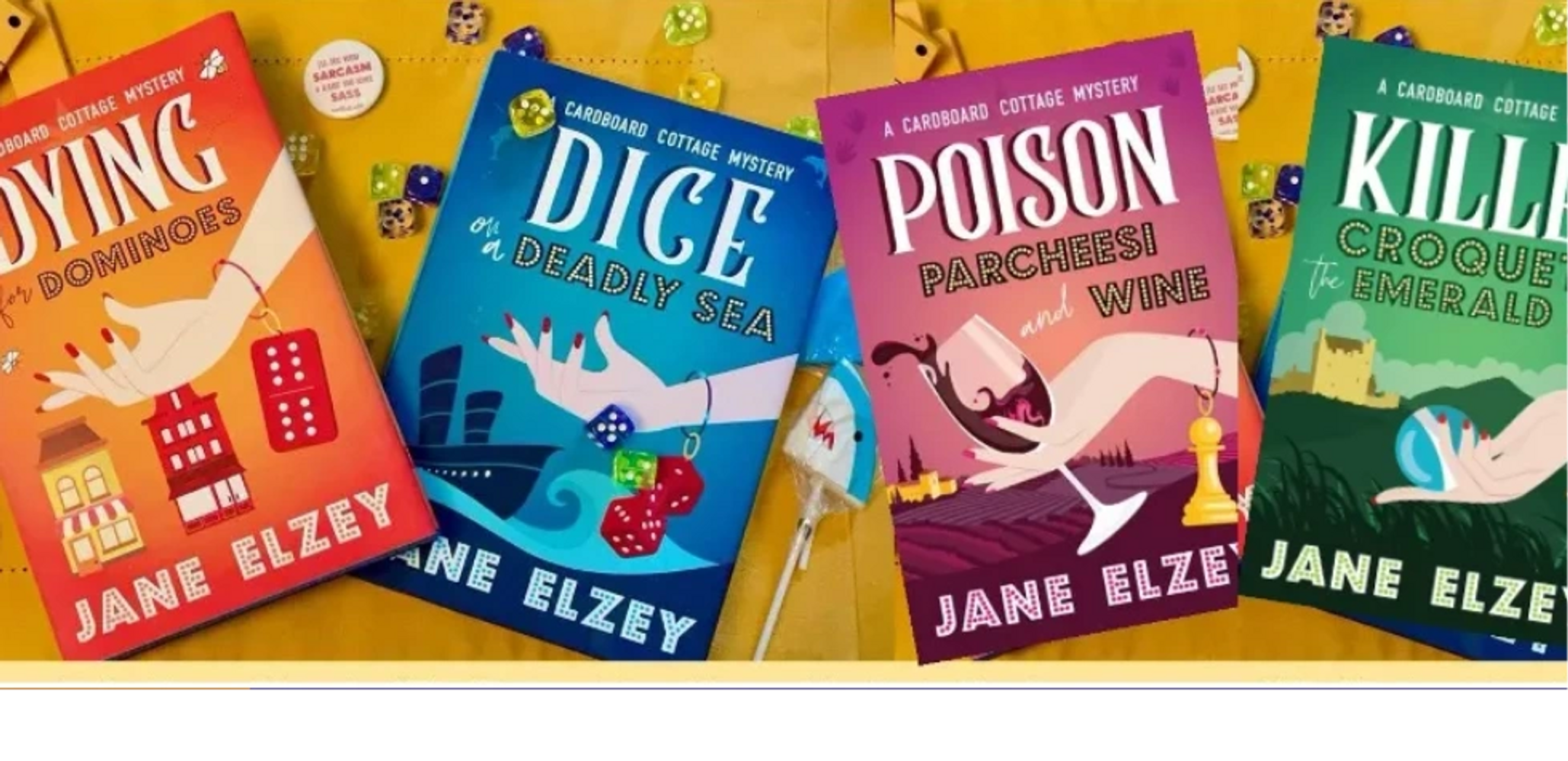 cover over four books in cardboard cottage mystery series by jane elzey 