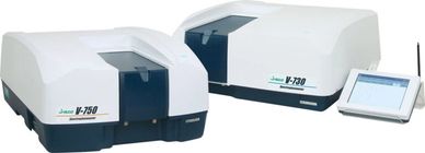 Two white laboratory instruments labeled V-750 and V-730 with a touchscreen control panel.