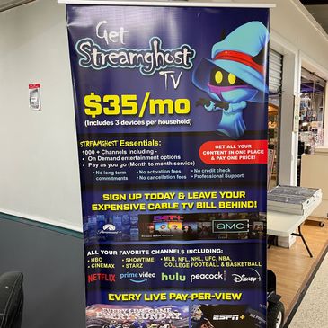Banner promoting Streamkast TV’s video services at Corner Shops Mall.