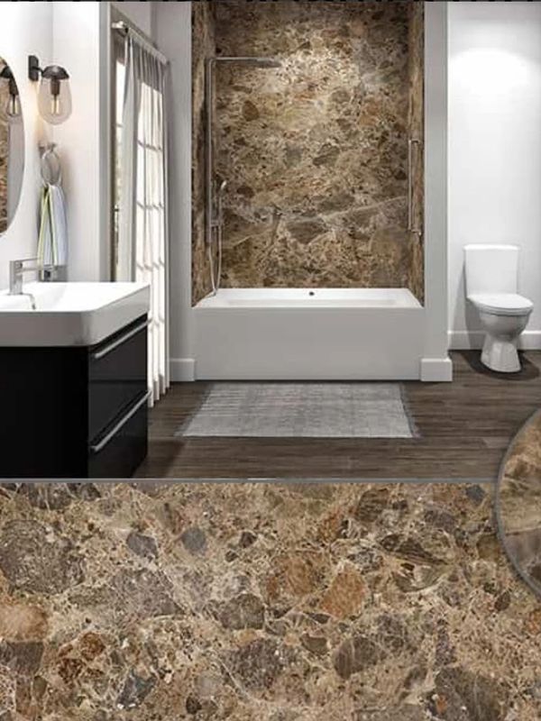 Modern bathroom with brown marble shower wall and white fixtures.