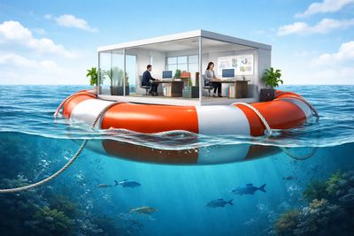 A floating office inside a giant lifebuoy on the ocean.