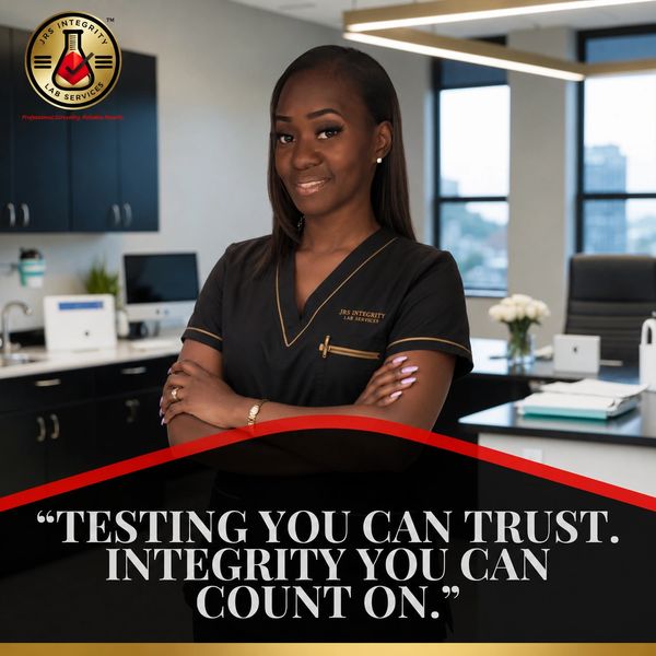 Confident professional woman promoting trusted lab testing services.