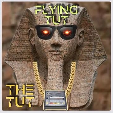 Pharaoh statue with sunglasses, chain, and music device illustration.