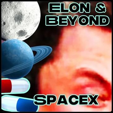 Elon Musk and SpaceX-themed graphic with planets and capsules.